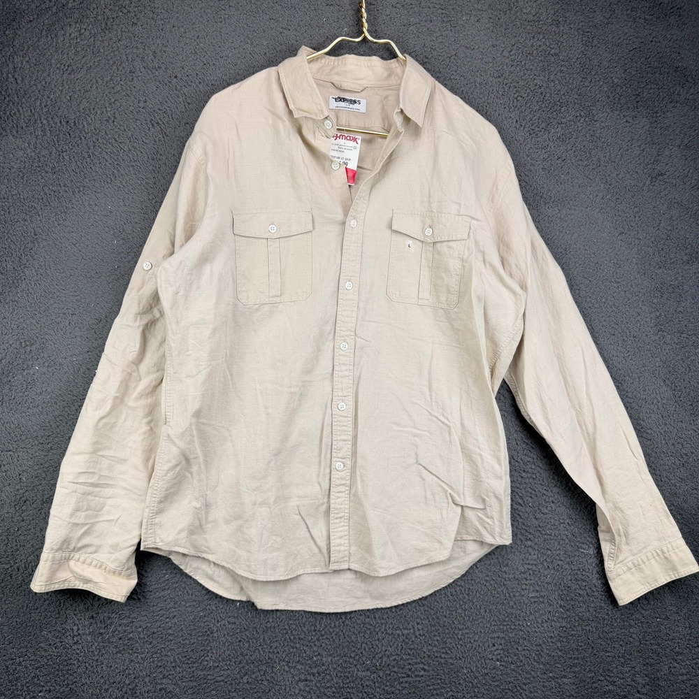 Express Mens Linen Blend Button Down Shirt Beige Large Safari Utility Roll Tab